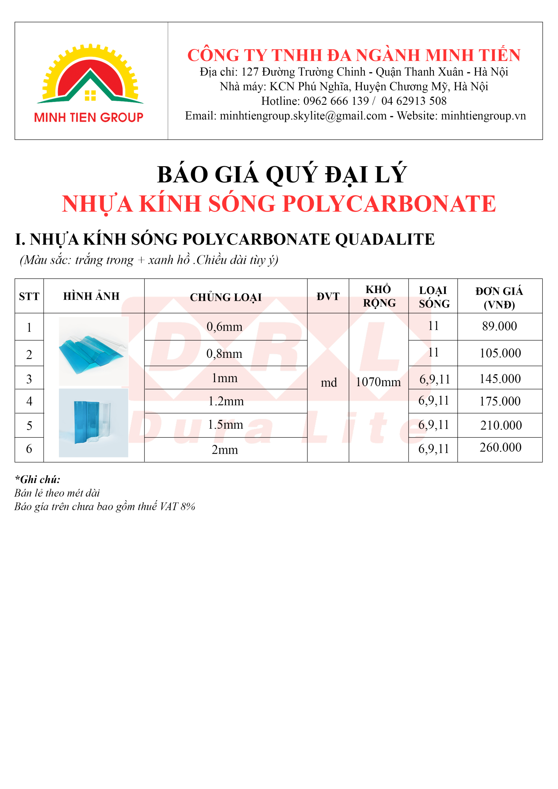 bảng giá tấm lợp lấy sáng