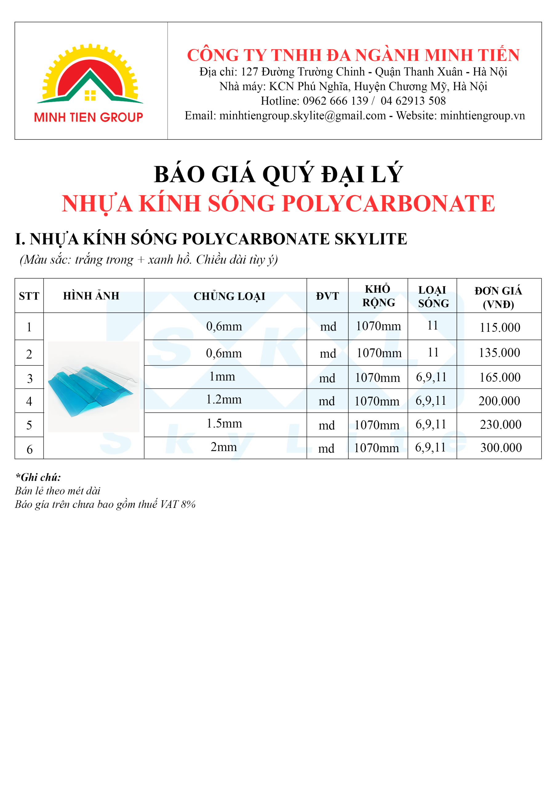 bảng giá tấm lợp lấy sáng